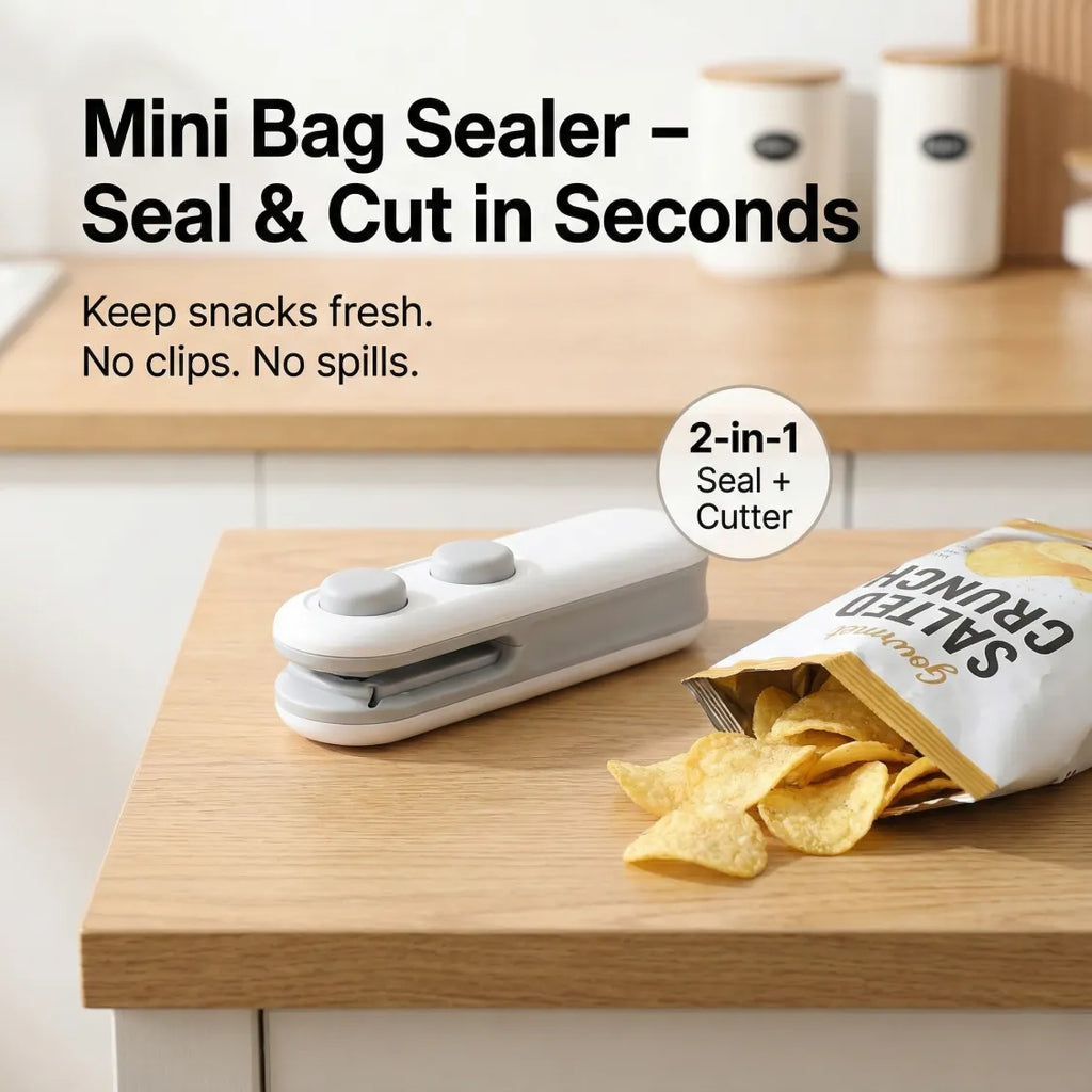 Mini Bag Sealer 2-in-1 — Seal + Cutter | Chips, Namkeen, Snacks Ko Rakhe Fresh